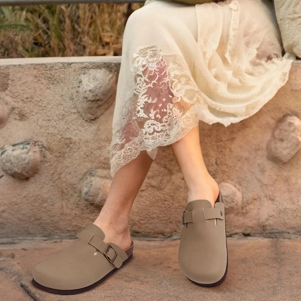 Comwarm Fashion Men Leather Sandals Summer Cork Footbed Slide Sandals Beach Sandals Unisex Brand Sandals with Adjustable Buckle