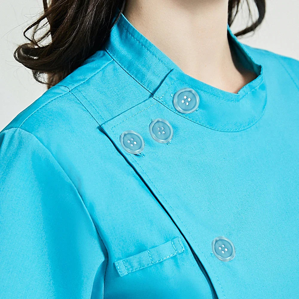 Button Closure and waist retraction Scrub Set Medical Uniforms Nurse Clothes Women Round Neck Surgical Workwear Pair Dental Suit Secondary image