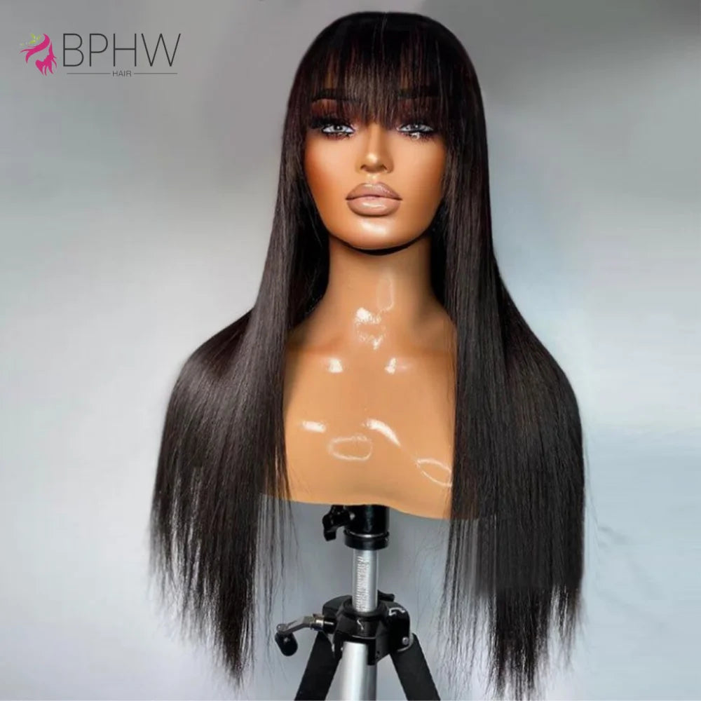 Bone Straight Cheap Wigs 180 Density Full Machine Made Human Hair Wig With Bangs On Clearance Sale Wigs For Women Wholesale BPHW