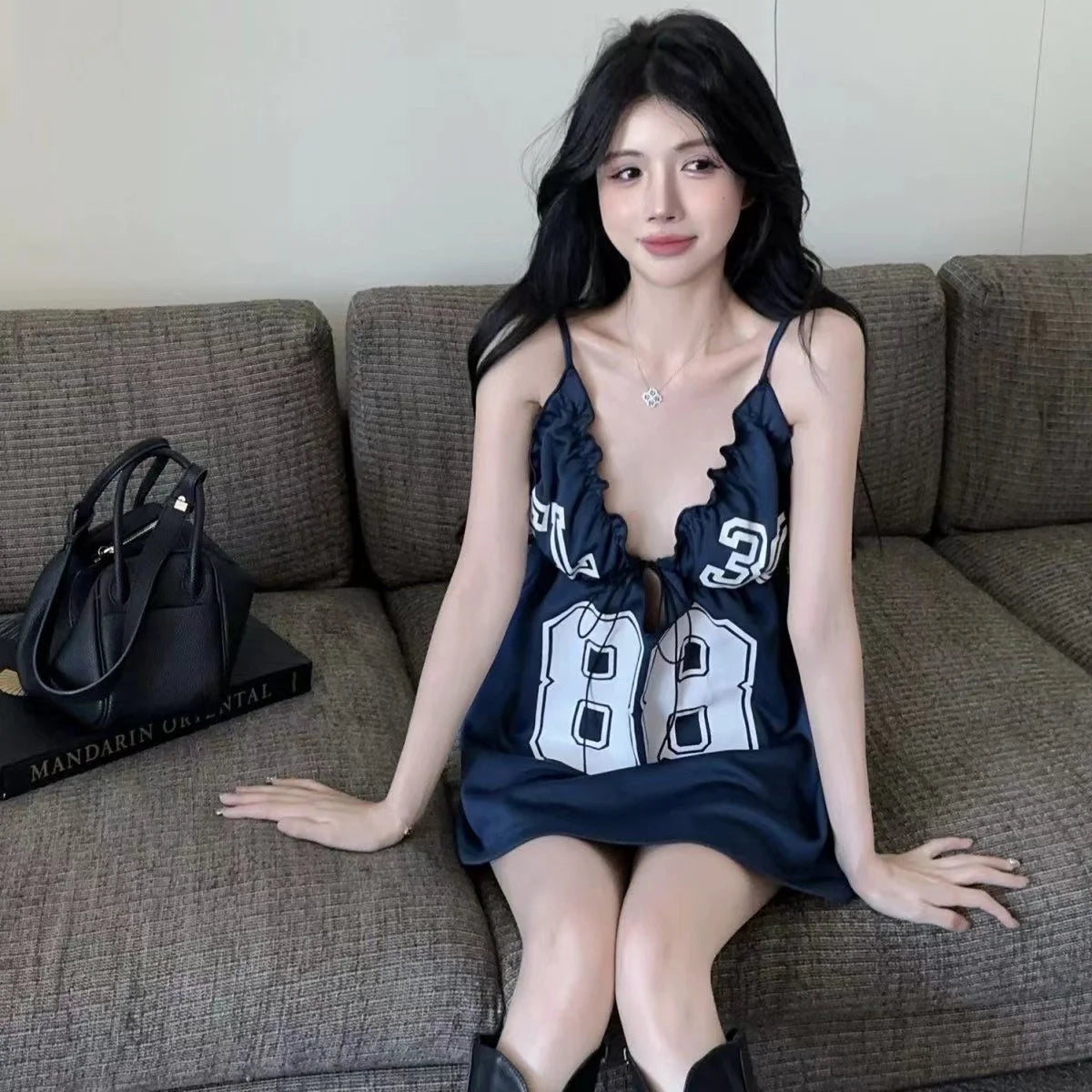 Sexy hot girl style deep V-neck dress for women with autumn letter printing casual a-line skirt backless short skirt Secondary image