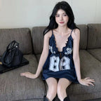 Sexy hot girl style deep V-neck dress for women with autumn letter printing casual a-line skirt backless short skirt
