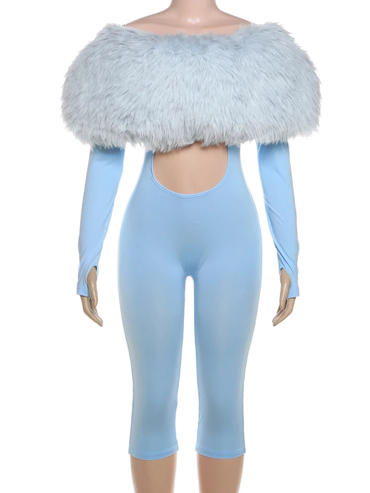 Nibber Furry Patchwork Jumpsuit Woman Slash Neck Sexy Hollow Full Sleeve Backless Slim Peach Hip Hottie Street Fashion Overalls