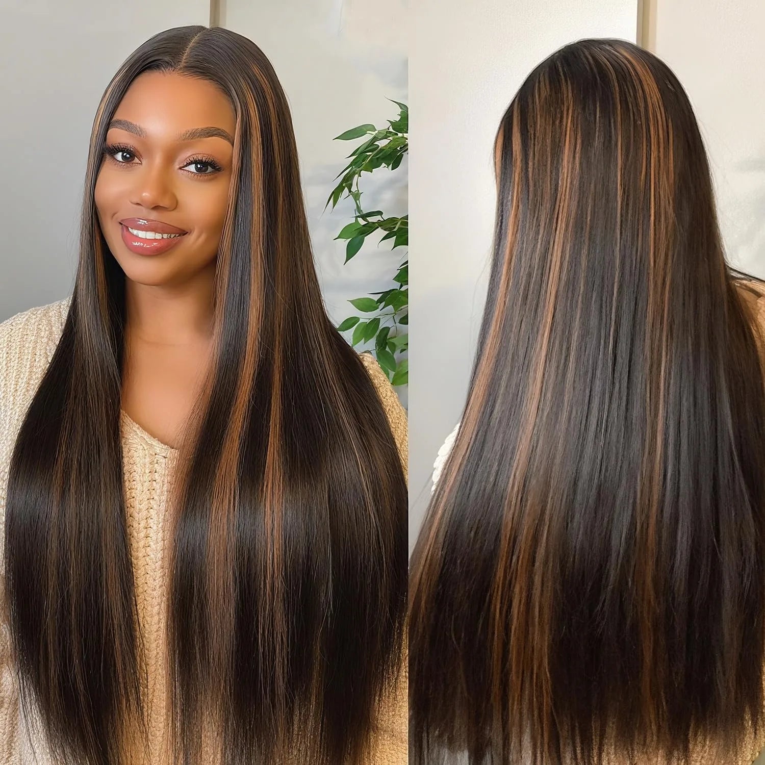 1B/30 Black and Brown Highlights Bone Straight 13x4 HD Lace Front Human Hair Wigs Brazilian Ombre Brown Colored Lace Frontal Wig