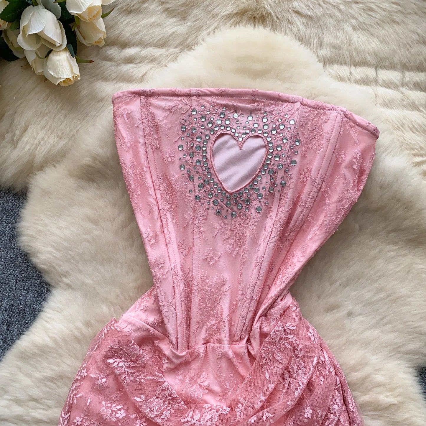 SINGREINY French Strapless Sexy Short Dress 2025 Heart Hollow Out Beading Sundress Backless Corset Lace Beach Mini Dress