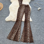 SINGREINY 2026 Newest Leopard 2pcs Suits Women Sexy Strap Tops+Elastic Waist Flared Pants American Ins Fashion Hotsweet Sets
