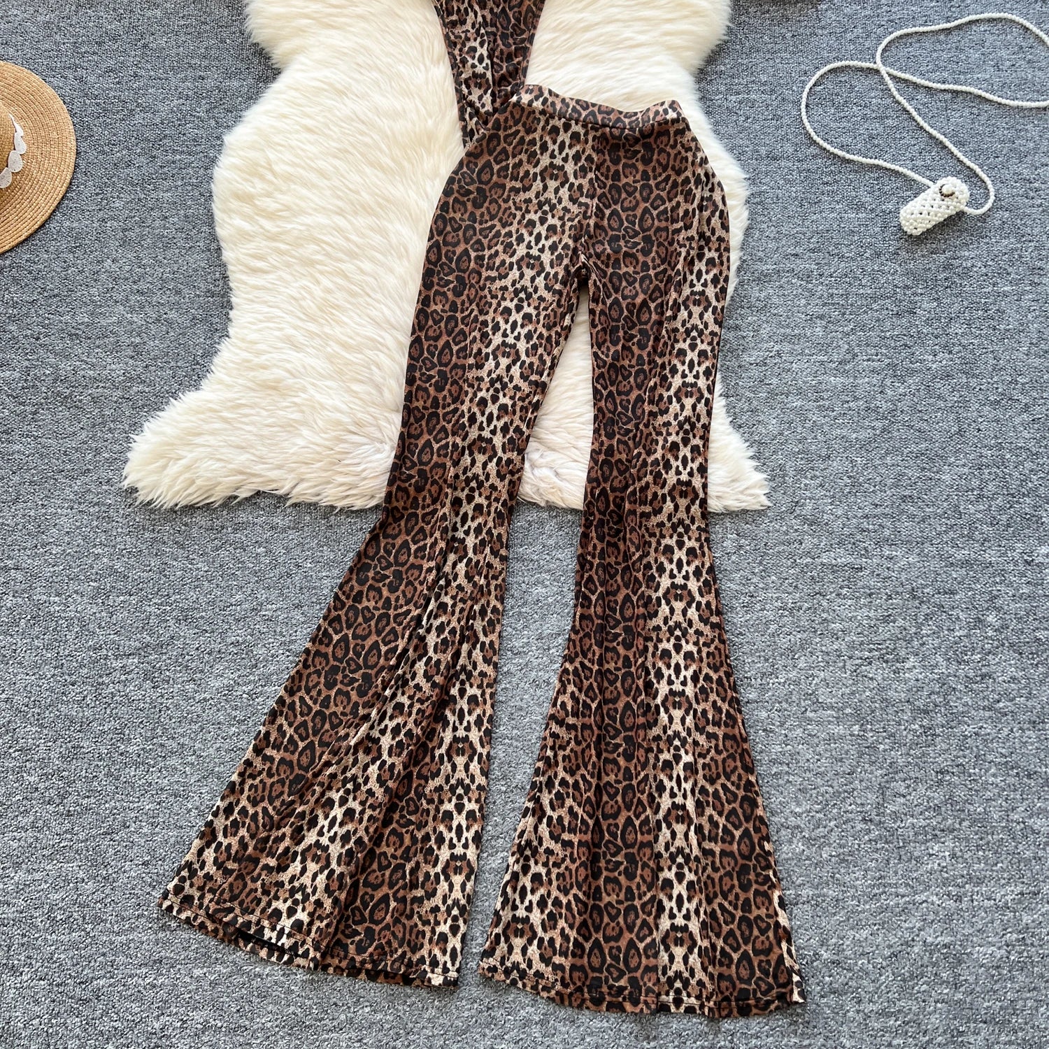 SINGREINY 2026 Newest Leopard 2pcs Suits Women Sexy Strap Tops+Elastic Waist Flared Pants American Ins Fashion Hotsweet Sets