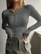 Women Fall Spring Top O Neck Button Long Sleeve Shirts Solid Color Slim Fit Pullover T-shirt Blouse Simple Style Lady Costume