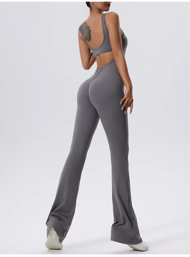 V Back Scrunch Gym Set Women Sport One-Piece Suit Yoga Suit Flared Pants Women Sports Jumpsuit Fitness Rompers Workout Bodysuits