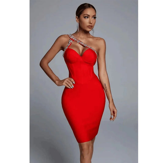 2025 & 2026 New Sexy Women Mini Bandage Dress One Shoulder Collar Rhinestone Decorated Shoulder Strap Bodycon Dresses Party Vestido