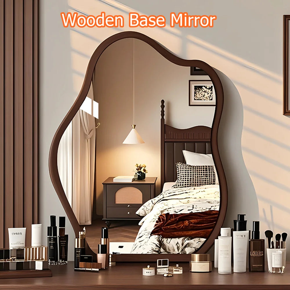 Irregular Wall Mirror Wavy Wooden Framed Modern Bohemian Decorative Mirror for Bathroom Bedroom Living Room Entryway