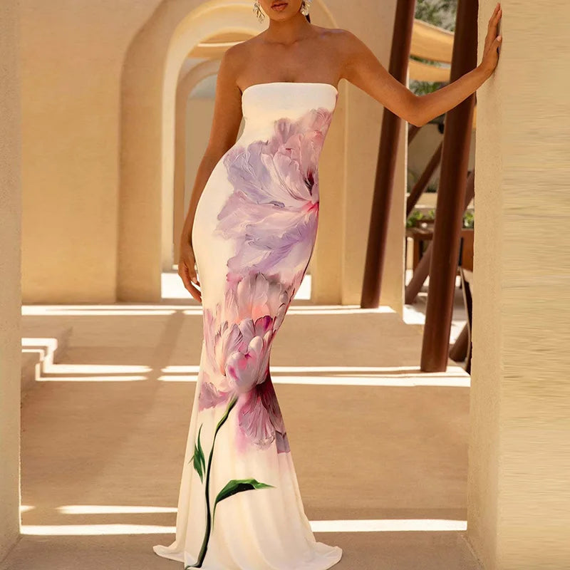 Sexy Tube Top Floral Printed One-piece Robes Summer Casual Off Shoulder Sleeveless Party Dress Elegant Lady Slim Fishtail Dress