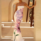 Sexy Tube Top Floral Printed One-piece Robes Summer Casual Off Shoulder Sleeveless Party Dress Elegant Lady Slim Fishtail Dress