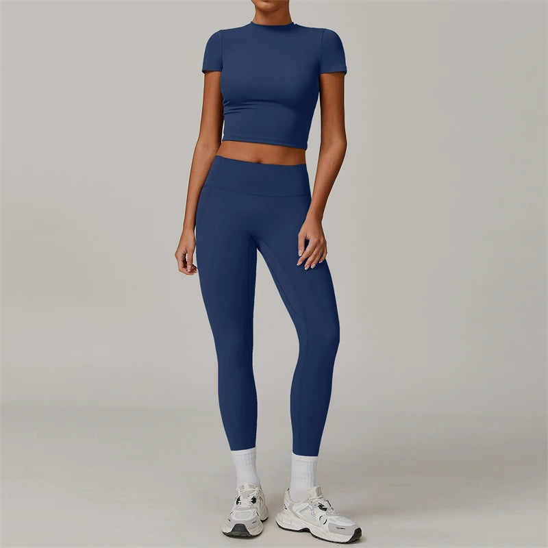 2 Pieces Women Yoga Set Workout Sportswear Gym Clothing Fitness Short Sleeve Crop Top High Waist Leggings Sport Suits
