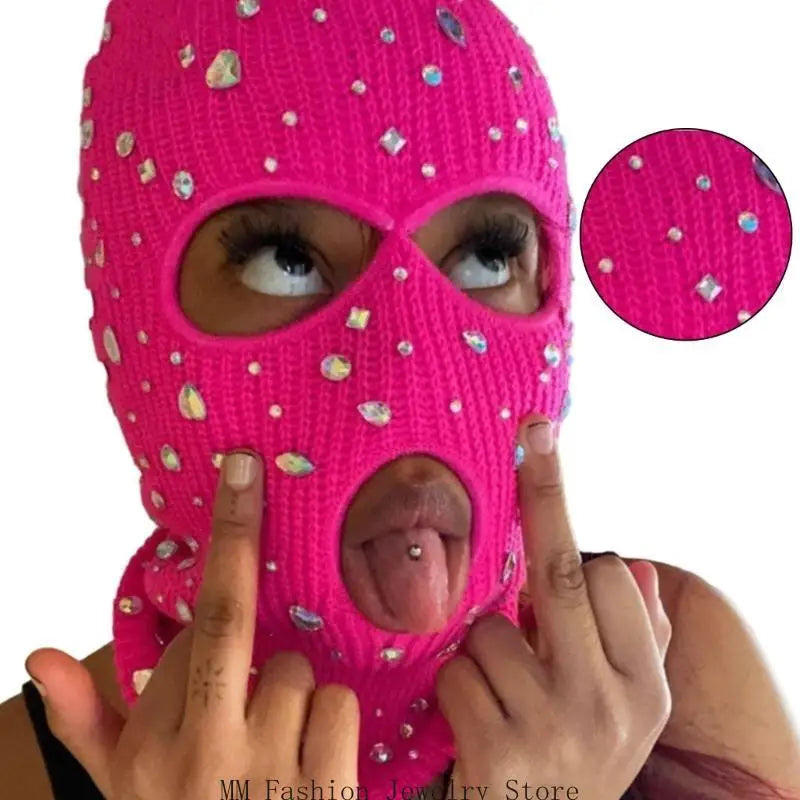 D0UB Knitted Hooded Face Cover Encrusted Halloween Cosplay Balaclava Outdoor