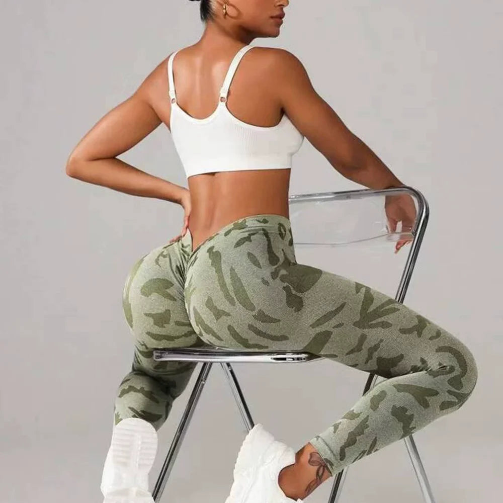 Women Camouflage V Back Gym Leggings Butt Lifting Fitness Athletic Workout Scrunch Leggins Exercise Yoga Pants Sports Clothing Main image