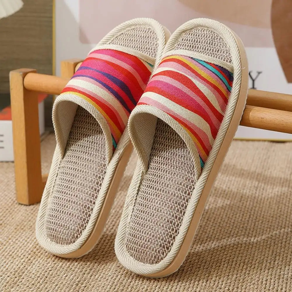 Striped Linen Open Toe Slippers Breathable Indoor House Slippers Anti Slip EVA Sole Lightweight Casual Home Slides For Men Women