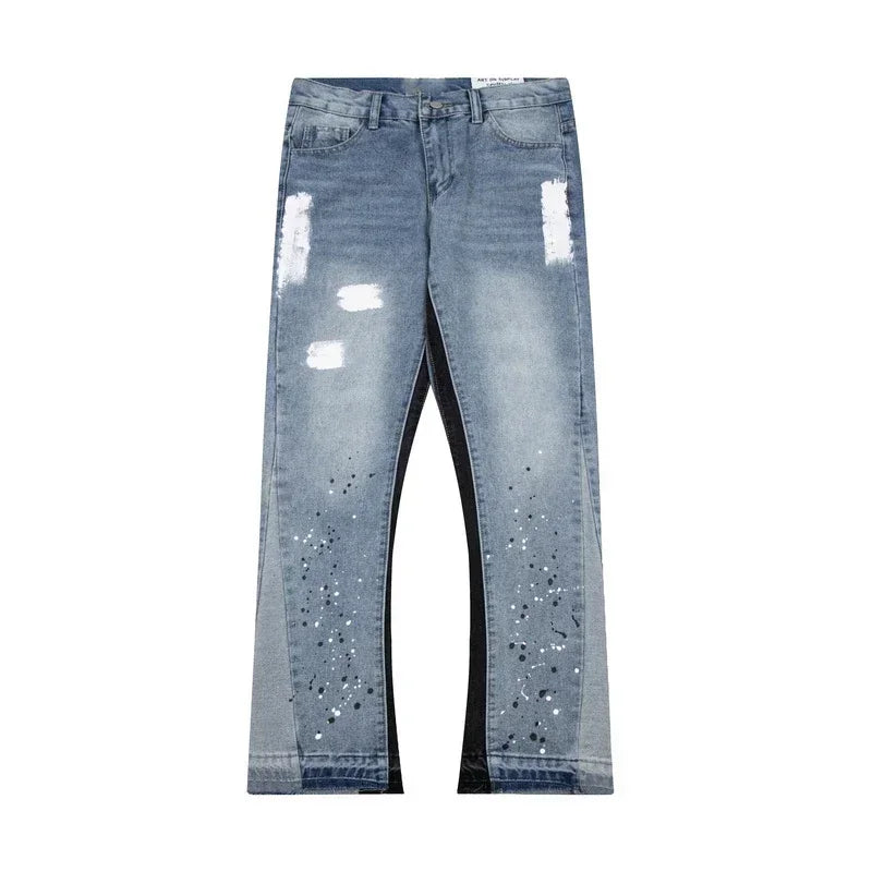 American retro washed letter spliced denim trousers high street trendy brand couple loose straight micro-flared long trousers Main image