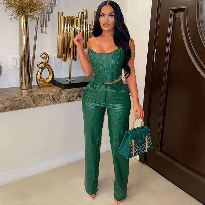 PU Faux Leather 2 Pieces Set for Woman Outfit Birthday Party Club Sleeveless Strapless Crop Top and Wide Leg Pants Matching Sets
