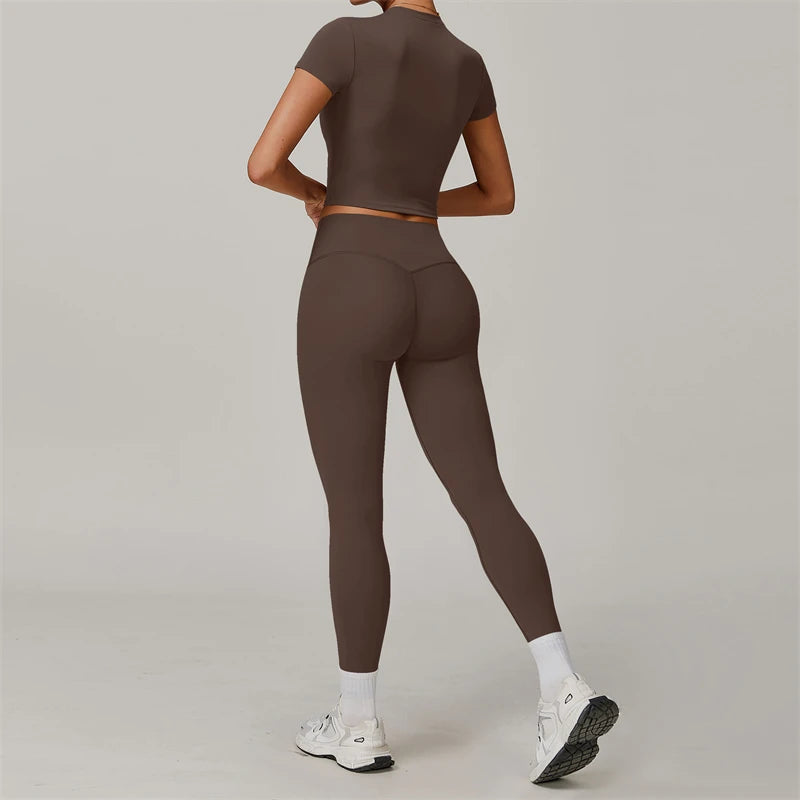 2 Pieces Women Yoga Set Workout Sportswear Gym Clothing Fitness Short Sleeve Crop Top High Waist Leggings Sport Suits