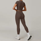2 Pieces Women Yoga Set Workout Sportswear Gym Clothing Fitness Short Sleeve Crop Top High Waist Leggings Sport Suits