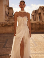 With Corset Beaded Lace Long Wedding Dress Romantic Sweetheart Neck Bridal Gown Customized Sexy High Slit Dresses For Bride