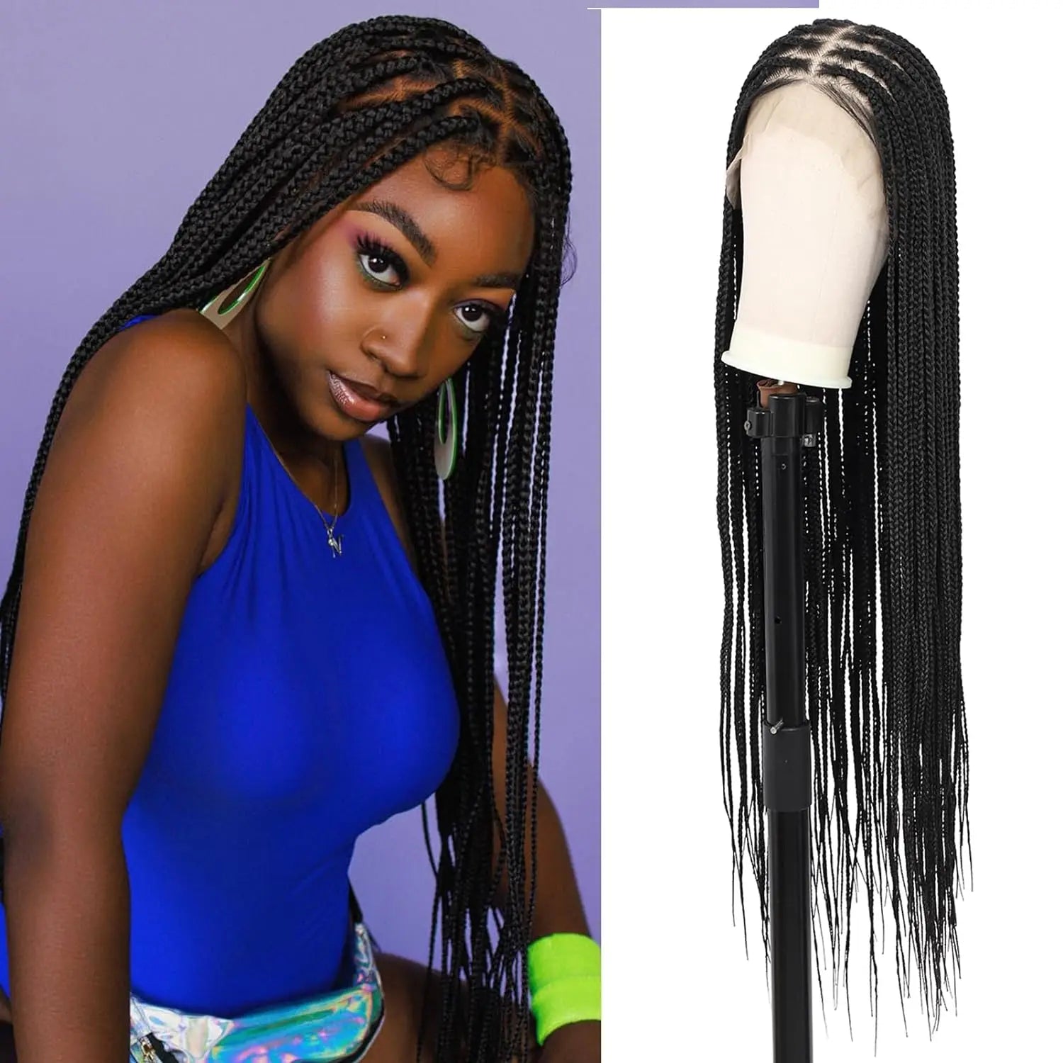 Synthetic Long Full Lace Knotless Box Braided Wigs for Black Women Twisted Braids Lace Frontal Black Cornrow Wig with Baby Hair Main image