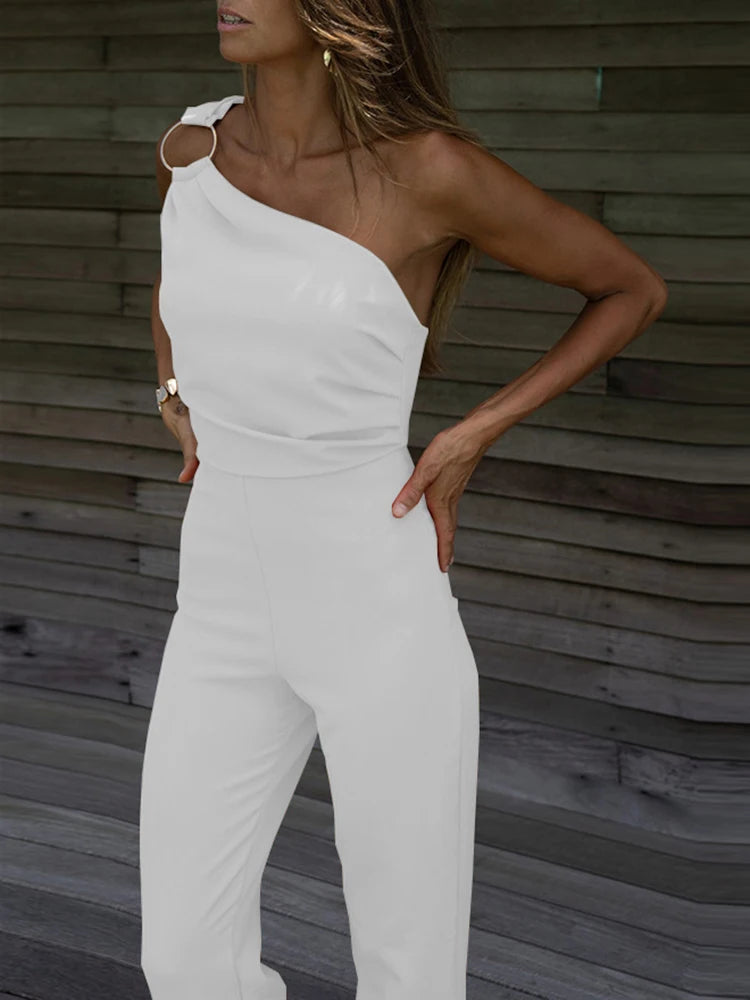 Sexy Backless Sleeveless Jumpsuit Summer Women Elegant Diagonal Collar One Shoulder Playsuits Fashion Solid Slim Ladies Rompers Secondary image