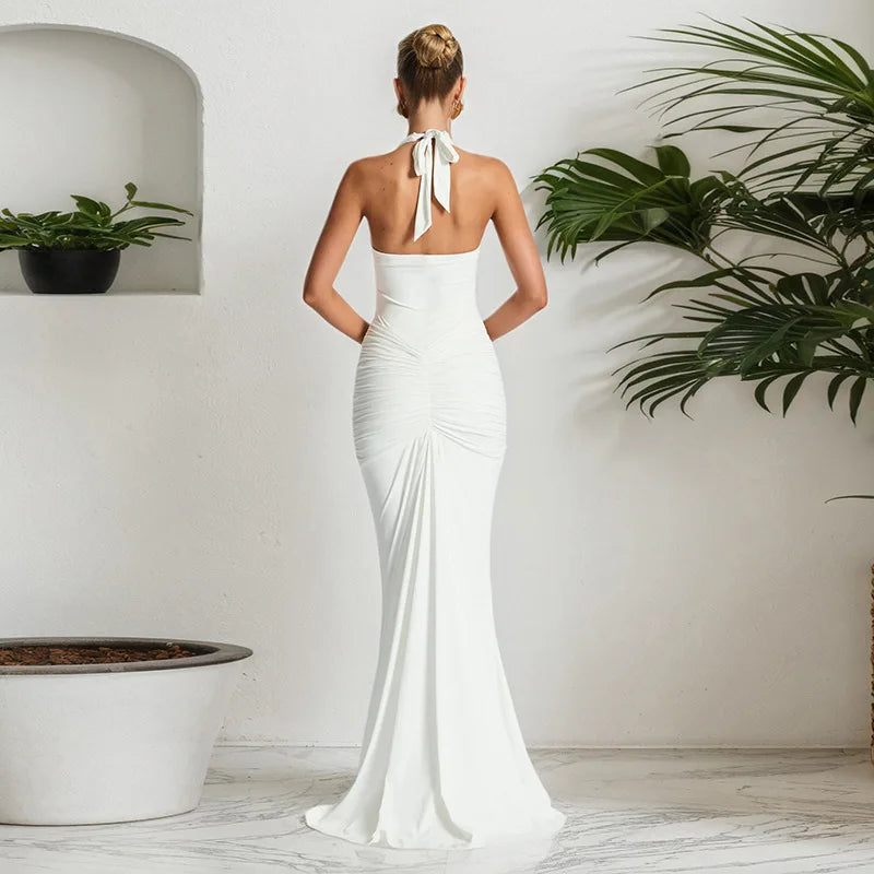 Sexy Deep V-neck Backless Halter Maxi Dresses Women's Sleeveless High Waist Bodycon Pleated Robe 2026 New Evening Party Gown