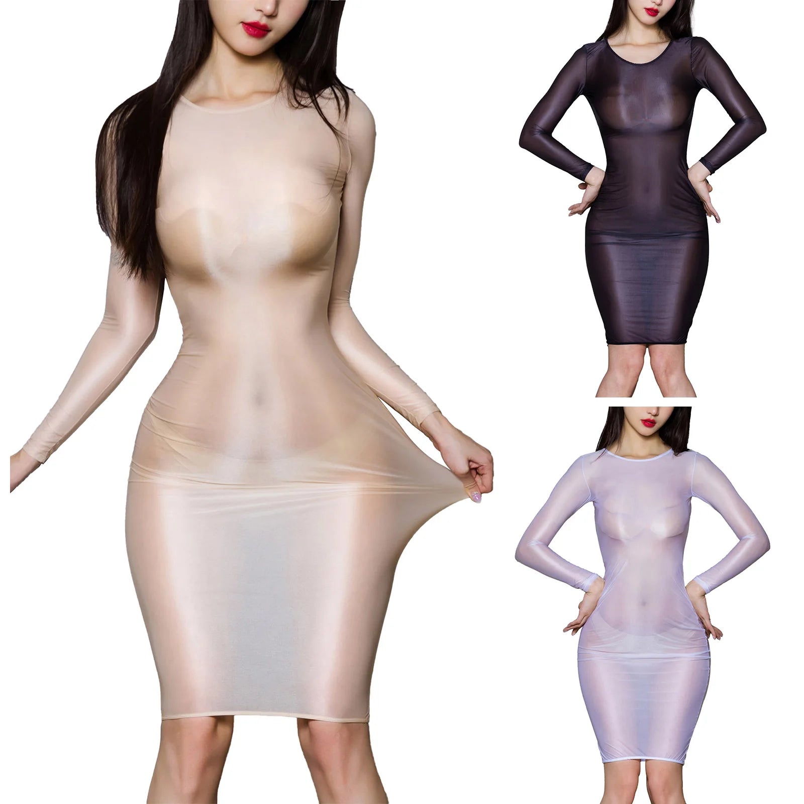 Women Sheer See-Through Bodycon Dress Glossy Long Sleeve High Stretch Skinny Mini Dress Tempting Lingerie Club Rave Party Wear Main image