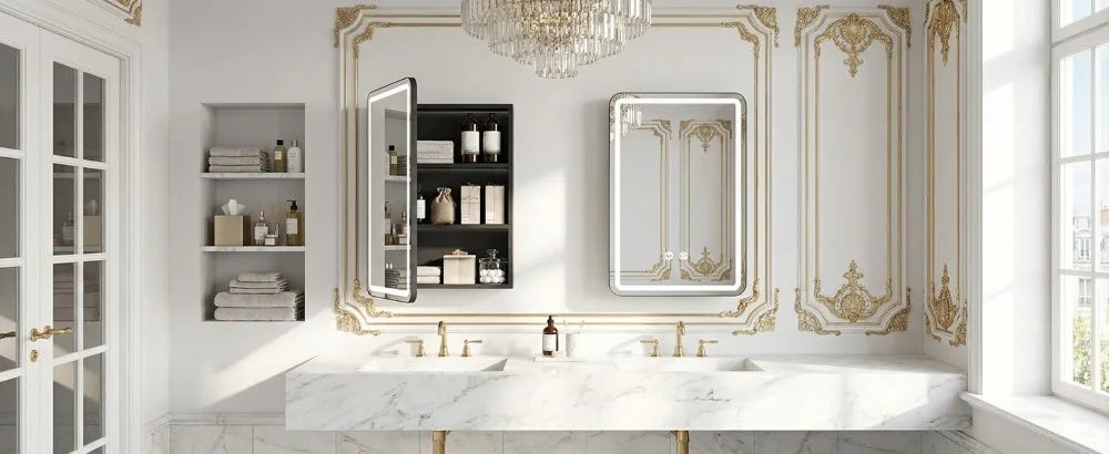 LED Bathroom Mirror Cabinet 3-Tier Storage Detachable Shelves Color Dimmable Defogging Wall Mounted Cabinet Bathroom Furniture