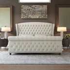 Queen Size Platform Bed Frame, Chenille Upholstered Sleigh Bed with Scroll Wingback Headboard & Footboard/Button, Customized