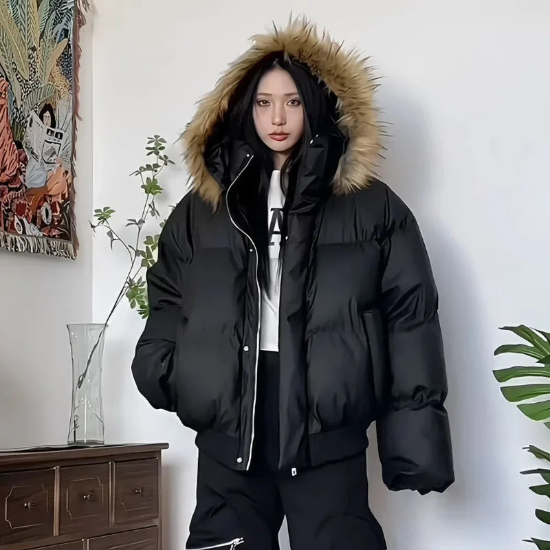 2024 American New Fashion Solid Color Fur Collar Hooded Cotton-padded Jacket Women Y2K Harajuku Gothic Hip-hop Pop Jacket Coat