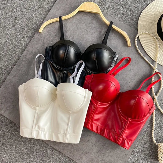 Stylish Wowen PU Leather Corset Imitation Leather Festival Clothing Bustier Lady Cropped Top Girls Punk Rock Club Party Camis