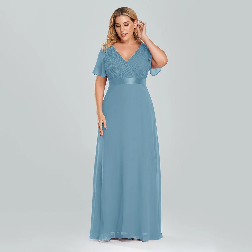 Prom Dresses Plus Size Evening Dresses Long  Elegant A Line V Neck Ruffles Chiffon Formal Wedding Party Dress Robe De Soiree
