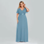 Prom Dresses Plus Size Evening Dresses Long  Elegant A Line V Neck Ruffles Chiffon Formal Wedding Party Dress Robe De Soiree