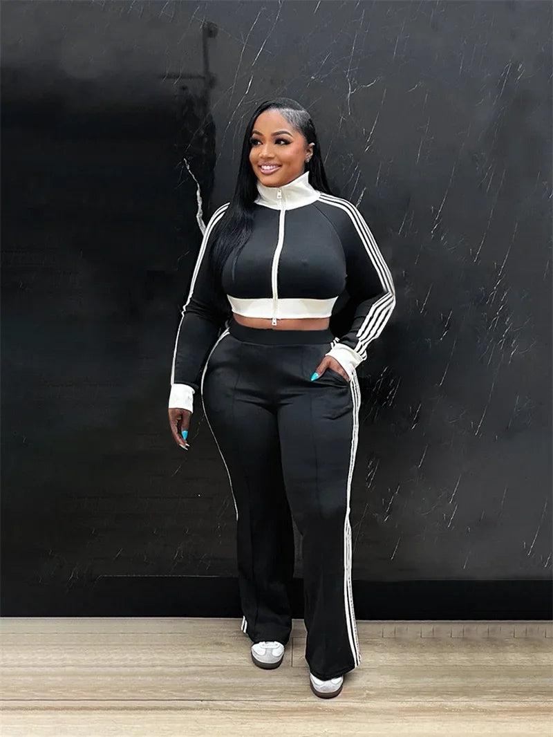 Doyerl Sporty Casual Tracksuit Women Two Piece Sets Striped Long Sleeve Zipper Cropped Jacket Top and Sweatpants Jogging Femme