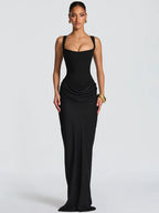 Mozision Elegant Backless Sexy Maxi Dress Women Gown Fashion Square Collar Sleeveless Skinny Ruched Club Party Long Dresses