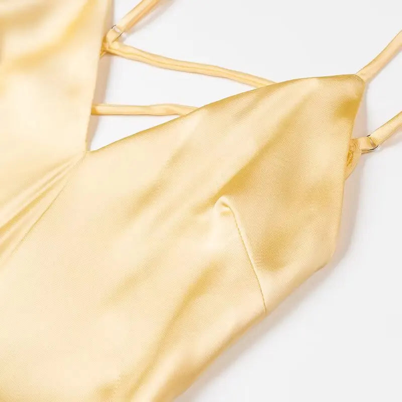 HH Women Summer Yellow Stain V Neck Sling Dress Elegant Sleeveless Loose Maxi Robes 2026 New Ladies Party Holiday Dresses
