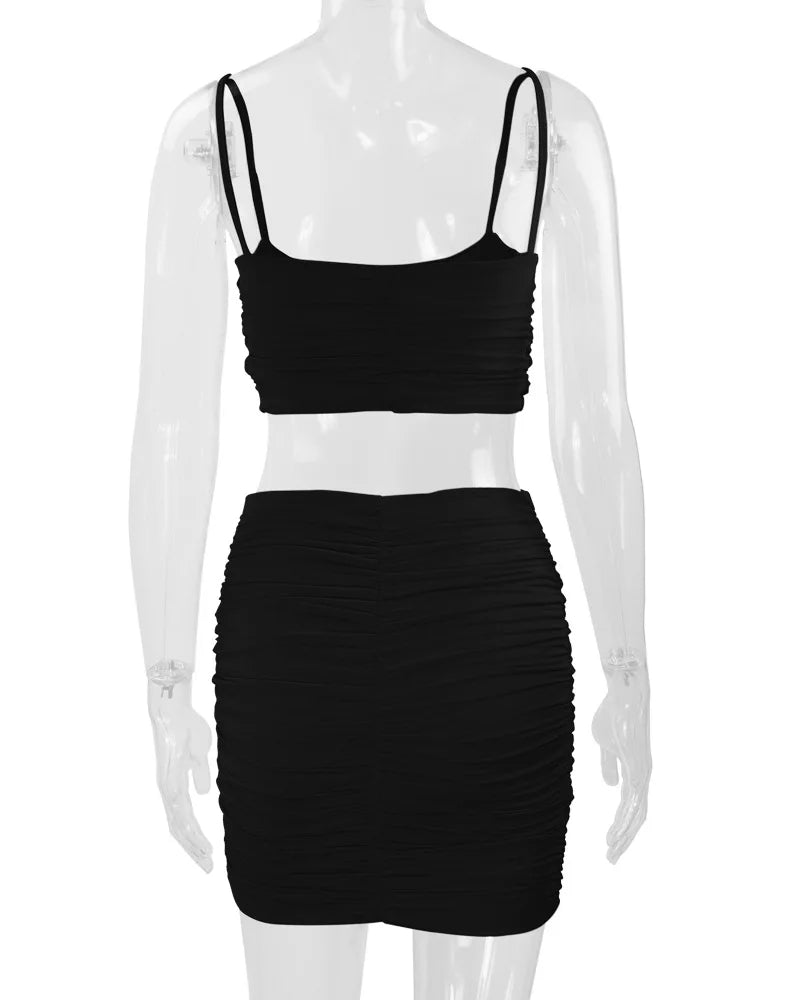 Women's New Sexy Sleeveless Strap Small Tank Top Short Top Fashion Wrinkle Bag Hip Skirt Two Piece Set