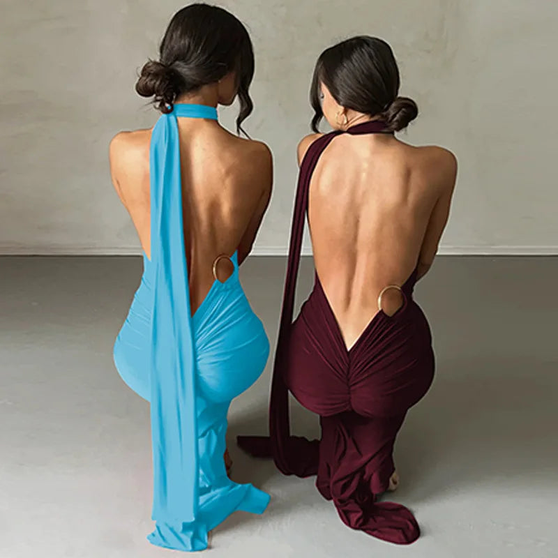 Dulzura One Shoulder Backless Ruched Slim Ribbon Long Dress Women Solid Sexy Elegant Dress Evening Party Club Prom Summer Outfit