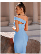 Bandage Dress Women Elegant Black One Shoulder Strapless Celebrity Runway Party Dress White Blue Split Party Pink Evening Dresse