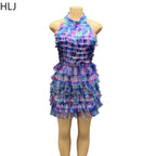 HLJ Sexy Mesh Ruched Patchwork Bodycon Dresses Women Cake Gradient Halter Backless Dress Female Streetwear Vestidos Summer New