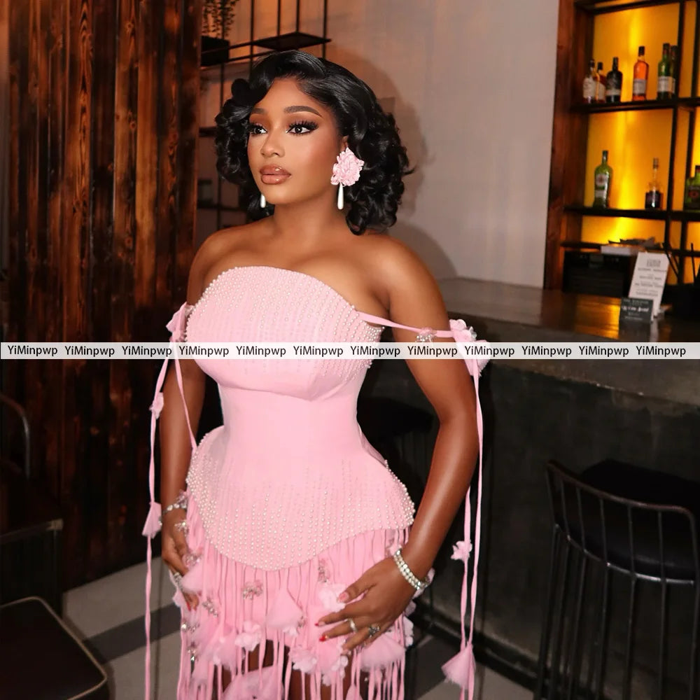 Pink Gorgeous Straight Cocktail Dress With Flowers Tassels Beads Luxury Birthday Dress African Sexy Evening Dresses Customized