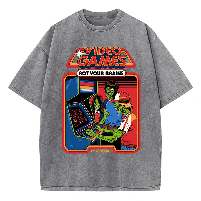 Video Games Rot Your Brains Washed Retro Mens T-Shirt Cotton Loose Tees Cotton Oversize Streetwear Breathable Tshirt Couple