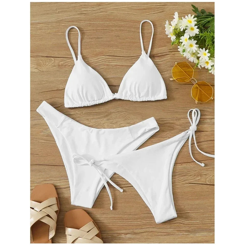 Sexy 3 Pieces Set Swimwear Women Lace Up Micro Bikini Set Female Solid Low Waist Swimsuit Beachwear Bathing Suit Secondary image