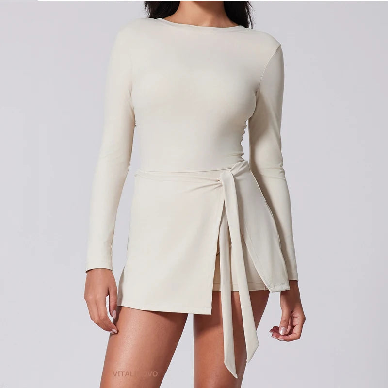 VITALINOVO Womens High Neck Tennis Dress Long Sleeve Sarong Wrap Skirt Built in Shorts Golf Athletic Dress Workout Rompers