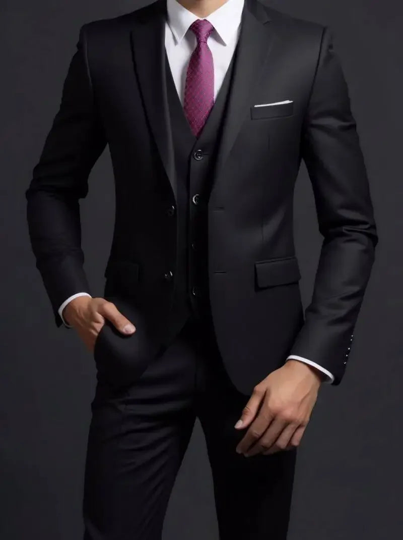 Suit (Blazer+ Vest + Trousers) Men's Fashionable Gentleman Business British Style Solid-color Banquet Host Casual Wedding Suit