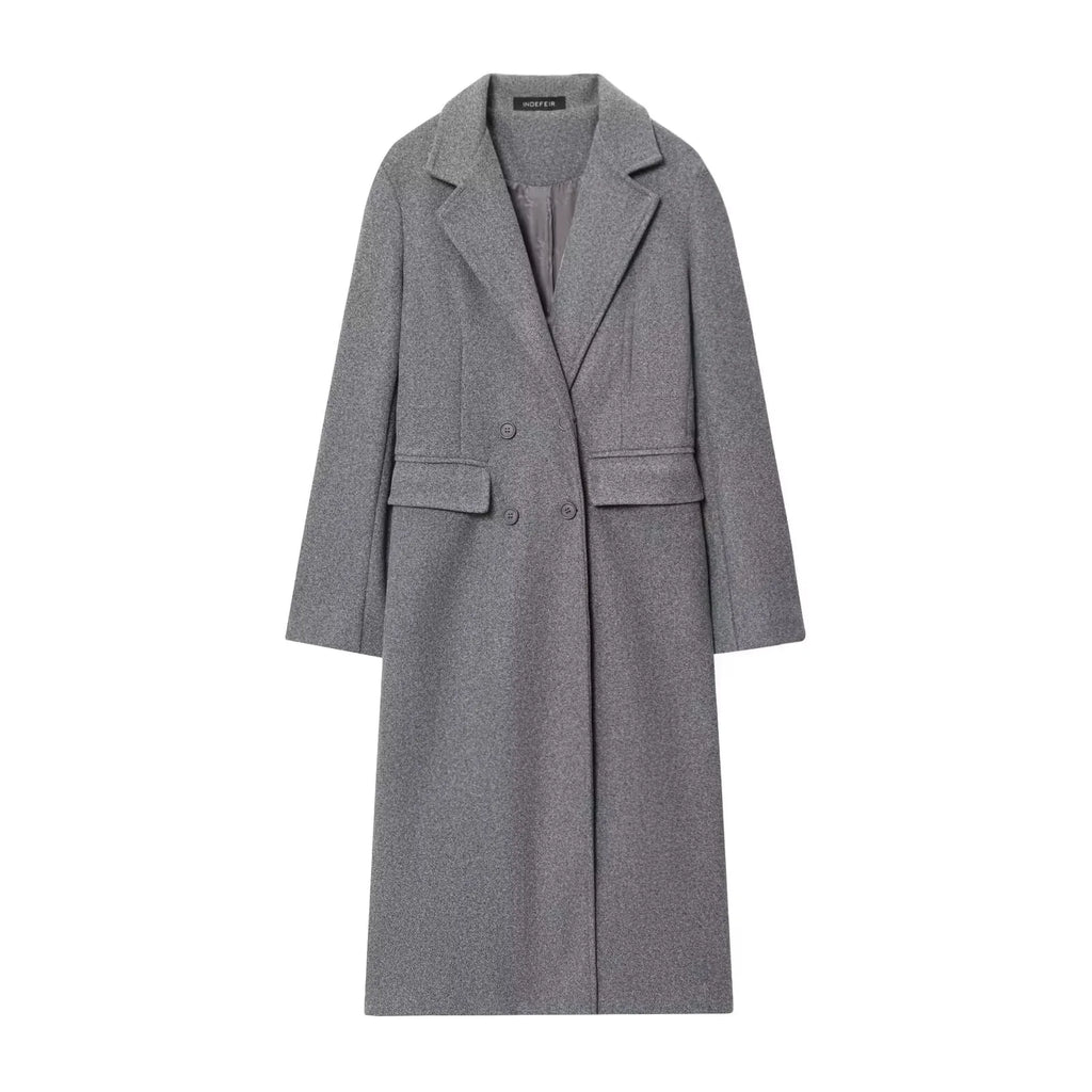 HH Women Fashion Burgundy Woolen Coat Double Breasted Long Sleeve Lapel Blends Jacket Autumn Winter High Street Outerwear