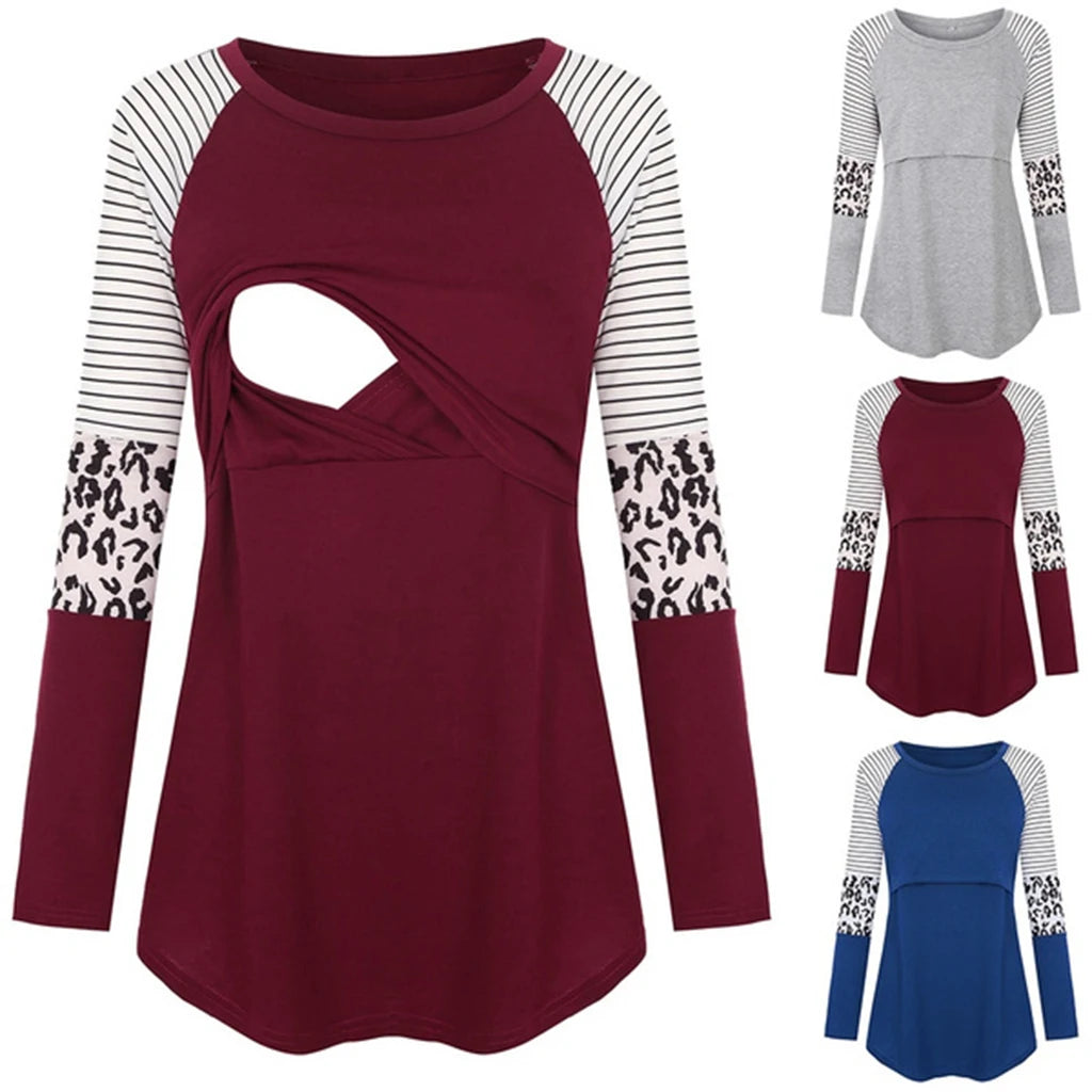 Women Maternity Long Sleeve Nursing Patchwork Color Tops Breastfeeding Blouse Main image