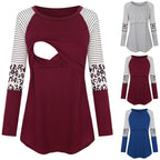 Women Maternity Long Sleeve Nursing Patchwork Color Tops Breastfeeding Blouse